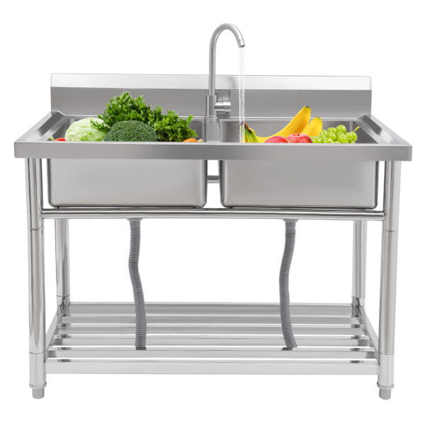 W43” × D25.2” × H33.5” Freestanding Stainless Steel Sink, Commercial Restaurant Sink, Large Double Bowl Sink, Outdoor Sink