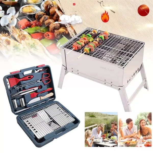 Camping Charcoal Grills, Outdoor BBQ Grill Folding Grill Cooking Tools Stainless Steel Portable Grill Kits